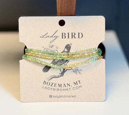 Crystal Cut Forest Green Seed Bead 5-Wrap Bracelet Stack or Necklace in Gold or Silver Stripes
