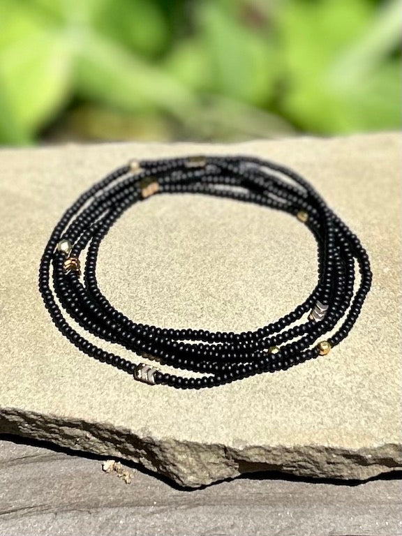 Jet Black & Gold or Silver Arrow 5-Wrap Boho Beaded Bracelet