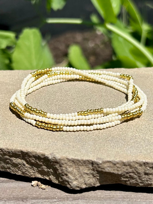 Creamy White & Gold-Striped Beaded 5-Wrap Boho Bracelet