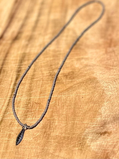 Light Grey Boho Seed Bead Necklace, Feather Pendant