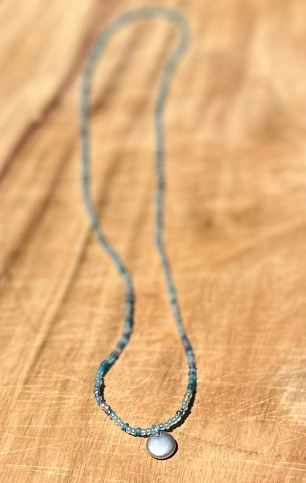 Translucent Blues Boho Seed Bead Necklace with Silver Circle