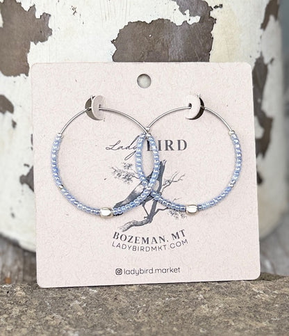 Icy Blue & Silver Boho Style Seed Bead Hoop Earrings