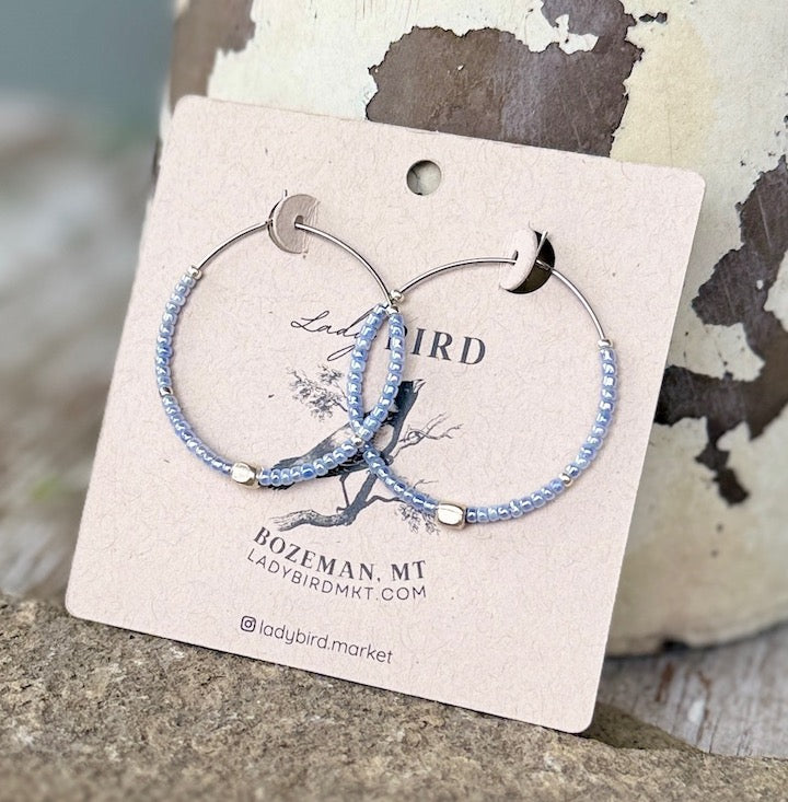 Icy Blue & Silver Boho Style Seed Bead Hoop Earrings