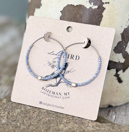 Icy Blue & Silver Boho Style Seed Bead Hoop Earrings