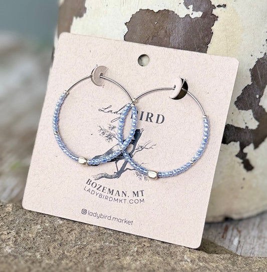 Icy Blue & Silver Boho Style Seed Bead Hoop Earrings
