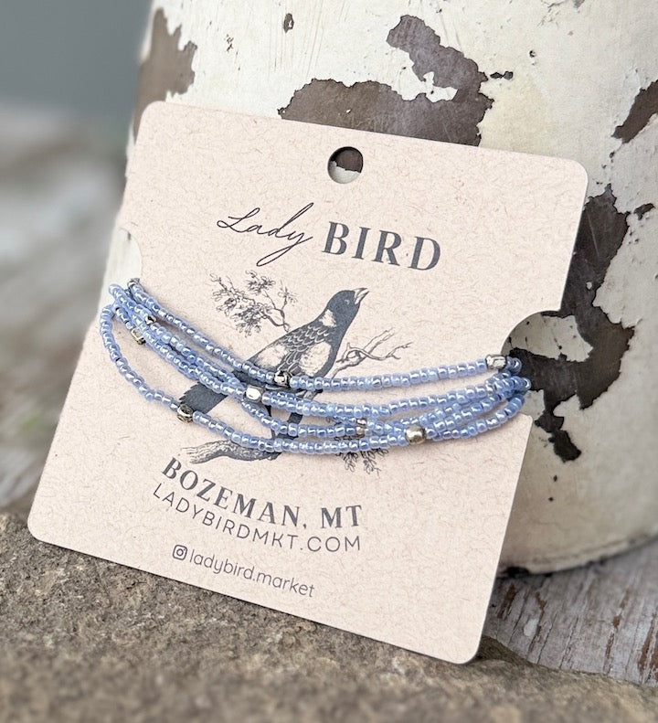 Icy Blue Seed Bead Wrap Bracelet with Silver Stripe or Sprinkles