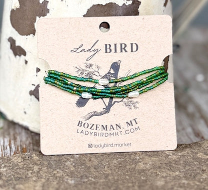 Rainbow Green Seed Bead & Freshwater Pearl Bracelet or Necklace