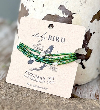 Rainbow Green Seed Bead & Freshwater Pearl Bracelet or Necklace