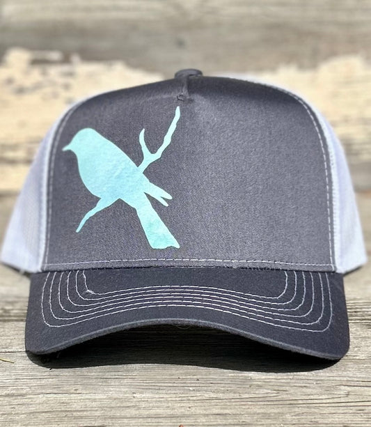 Grey & White Turquoise Bird Branch Women's Trucker Hat