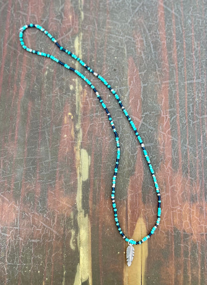 Mixed Turquoise Navy Boho Seed Bead Necklace with Silver Feather