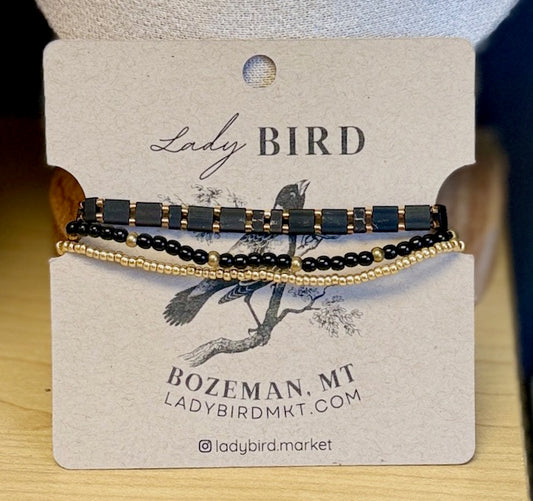 Classic Black Tila Bead Bracelet Stack with Beaded Silver or Gold Accents