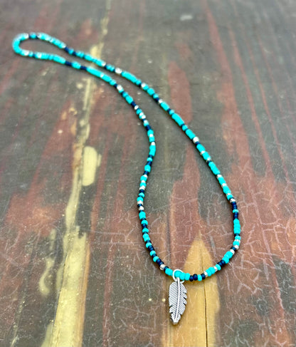 Mixed Turquoise Navy Boho Seed Bead Necklace with Silver Feather