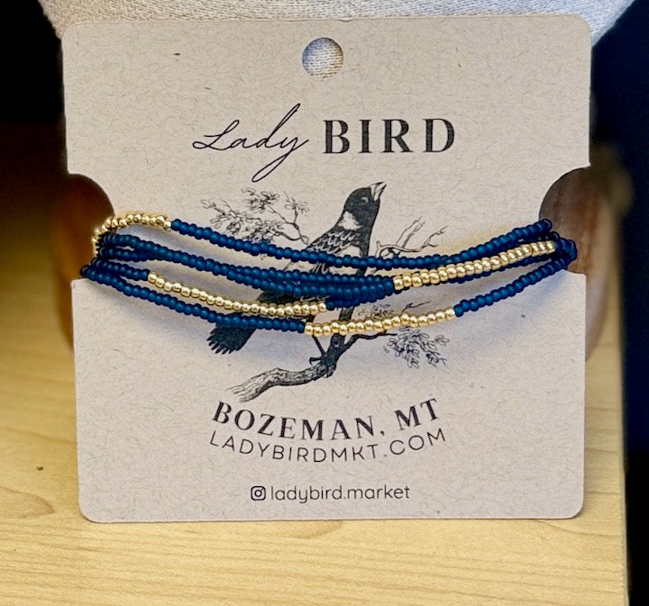 Navy Blue Silver or Gold Striped Stretchy Seed Bead Wrap Bracelet Stack/Necklace