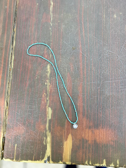 Turquoise Boho Seed Bead Necklace with Silver Circle