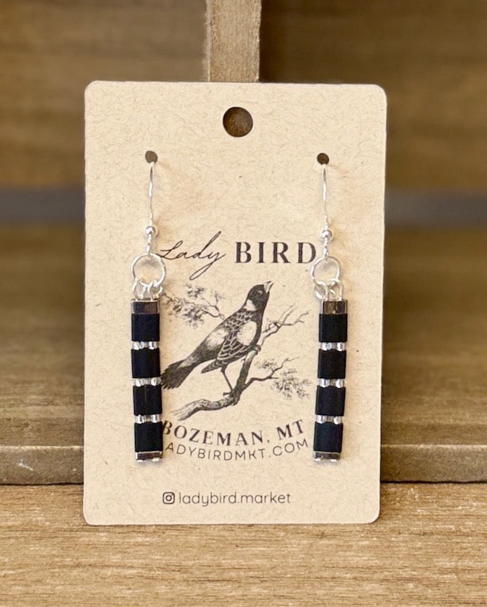 Classic Black Long Tila Bead Dangle Earrings with Beaded Silver or Gold Accents