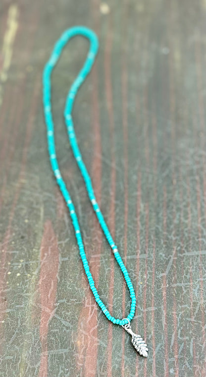 Turquoise Boho Seed Bead Necklace with Silver Leaf