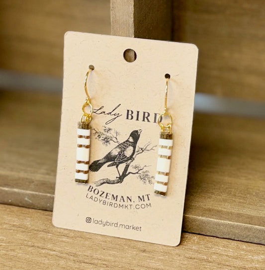 Classic White Short Tila Bead Dangle Earrings with Beaded Silver or Gold Accents