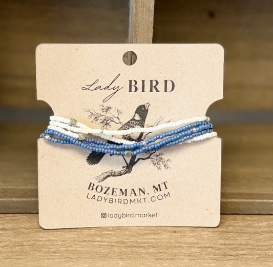 Denim Blue & Creamy White Seed Bead Wrap Bracelet Stack or Necklace with Gold or Silver