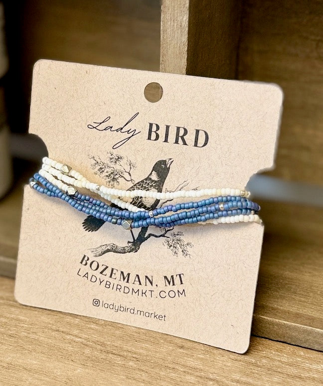 Denim Blue & Creamy White Seed Bead Wrap Bracelet Stack or Necklace with Gold or Silver