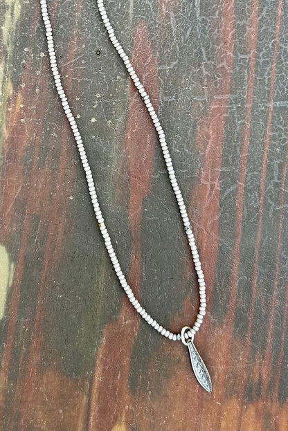Light Grey Boho Seed Bead Necklace, Feather Pendant