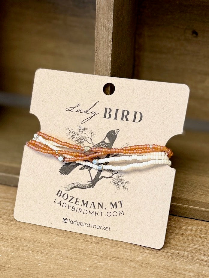 Creamsicle Peach & White Seed Bead Wrap Bracelet Stack or Necklace with Gold or Silver