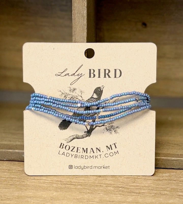 Denim Blue Seed Bead Wrap Bracelet Stack or Necklace with Gold or Silver