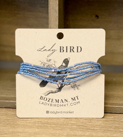 Denim Blue Seed Bead Wrap Bracelet Stack or Necklace with Gold or Silver