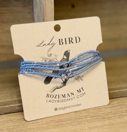 Denim Blue Seed Bead Wrap Bracelet Stack or Necklace with Gold or Silver