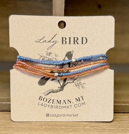 Denim Blue & Peachy Seed Bead Wrap Bracelet Stack or Necklace with Gold or Silver