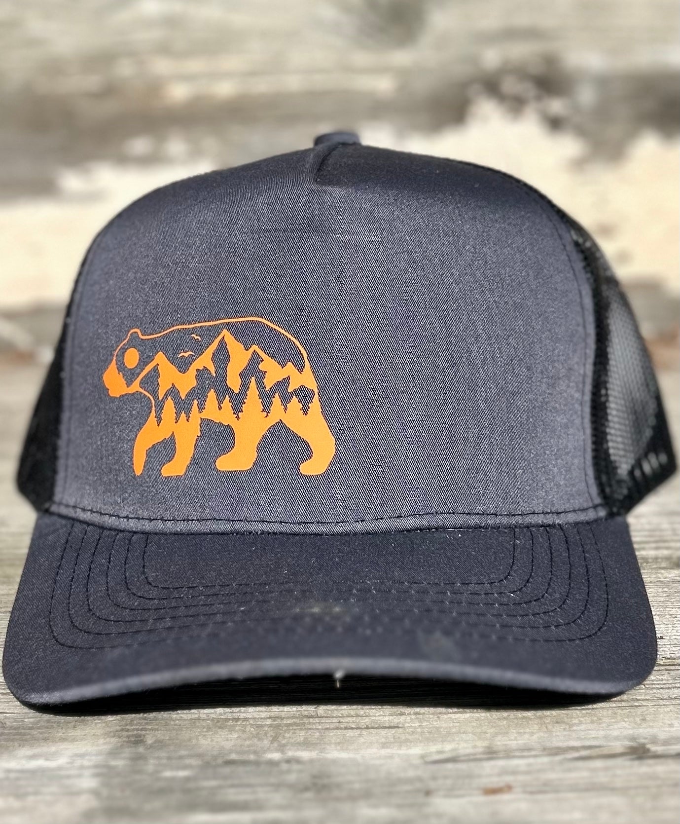 Black Orange Bear Mountain Trucker Hat