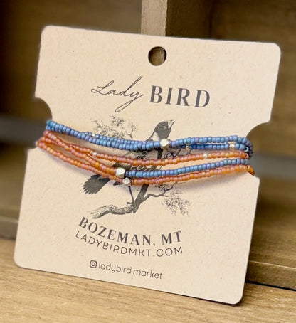 Denim Blue & Peachy Seed Bead Wrap Bracelet Stack or Necklace with Gold or Silver