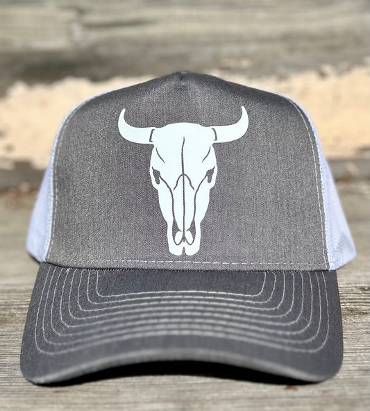Heather Grey & White Bull Skull Trucker Hat