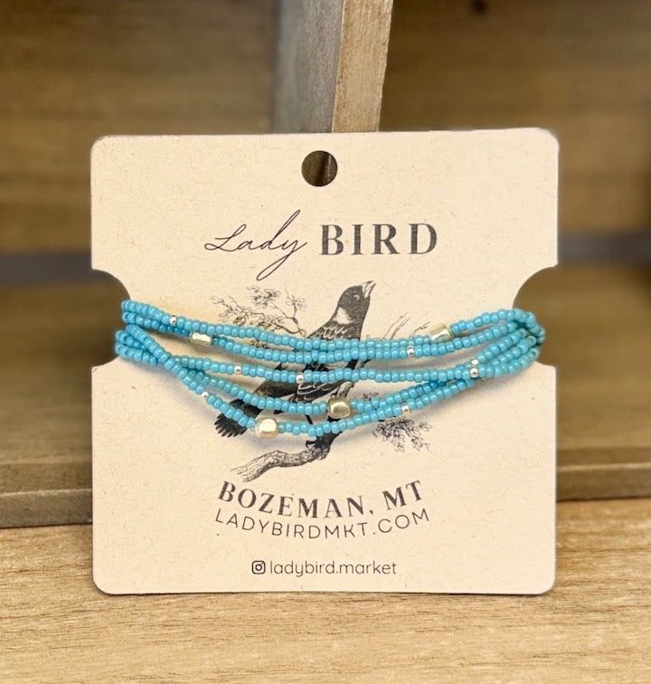 Pale Baby Blue Seed Bead Wrap Bracelet Stack or Necklace with Gold or Silver