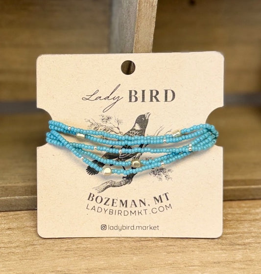 Pale Baby Blue Seed Bead Wrap Bracelet Stack or Necklace with Gold or Silver