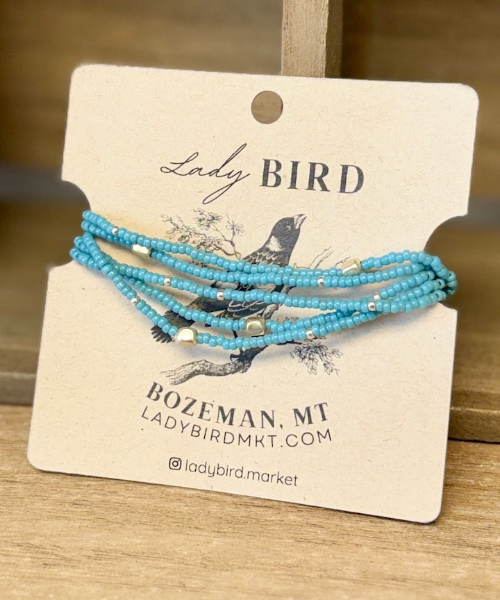 Pale Baby Blue Seed Bead Wrap Bracelet Stack or Necklace with Gold or Silver