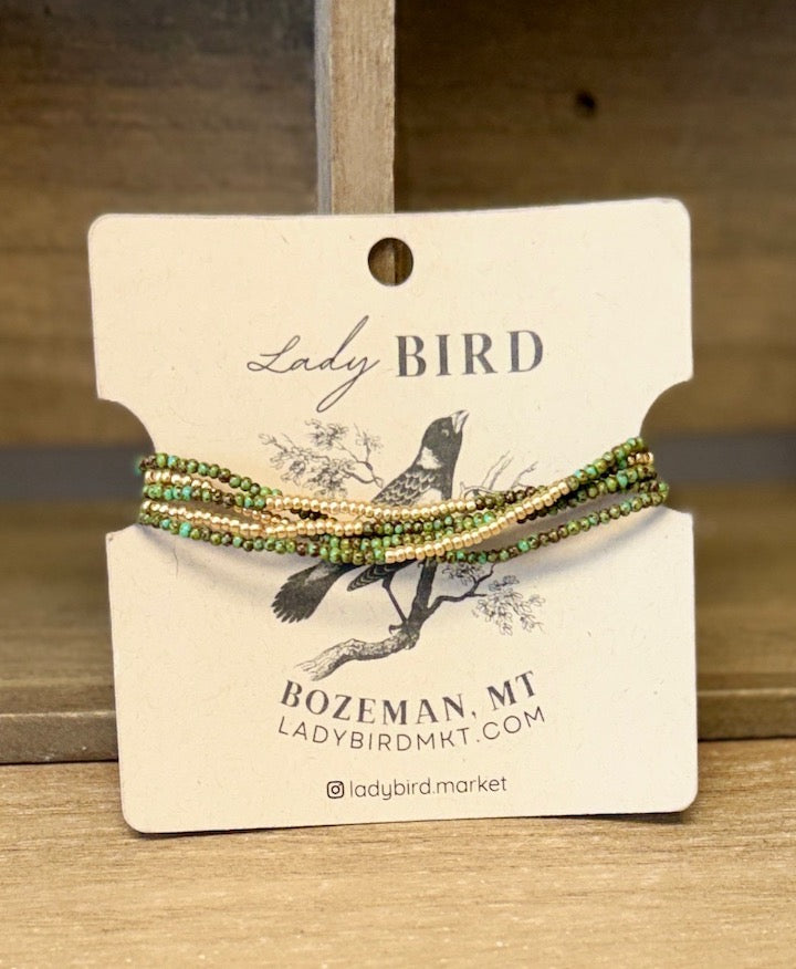 Hunter Green Seed Bead Wrap Bracelet Stack or Necklace with Gold or Silver Stripes