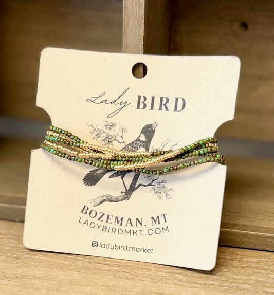 Hunter Green Seed Bead Wrap Bracelet Stack or Necklace with Gold or Silver Stripes