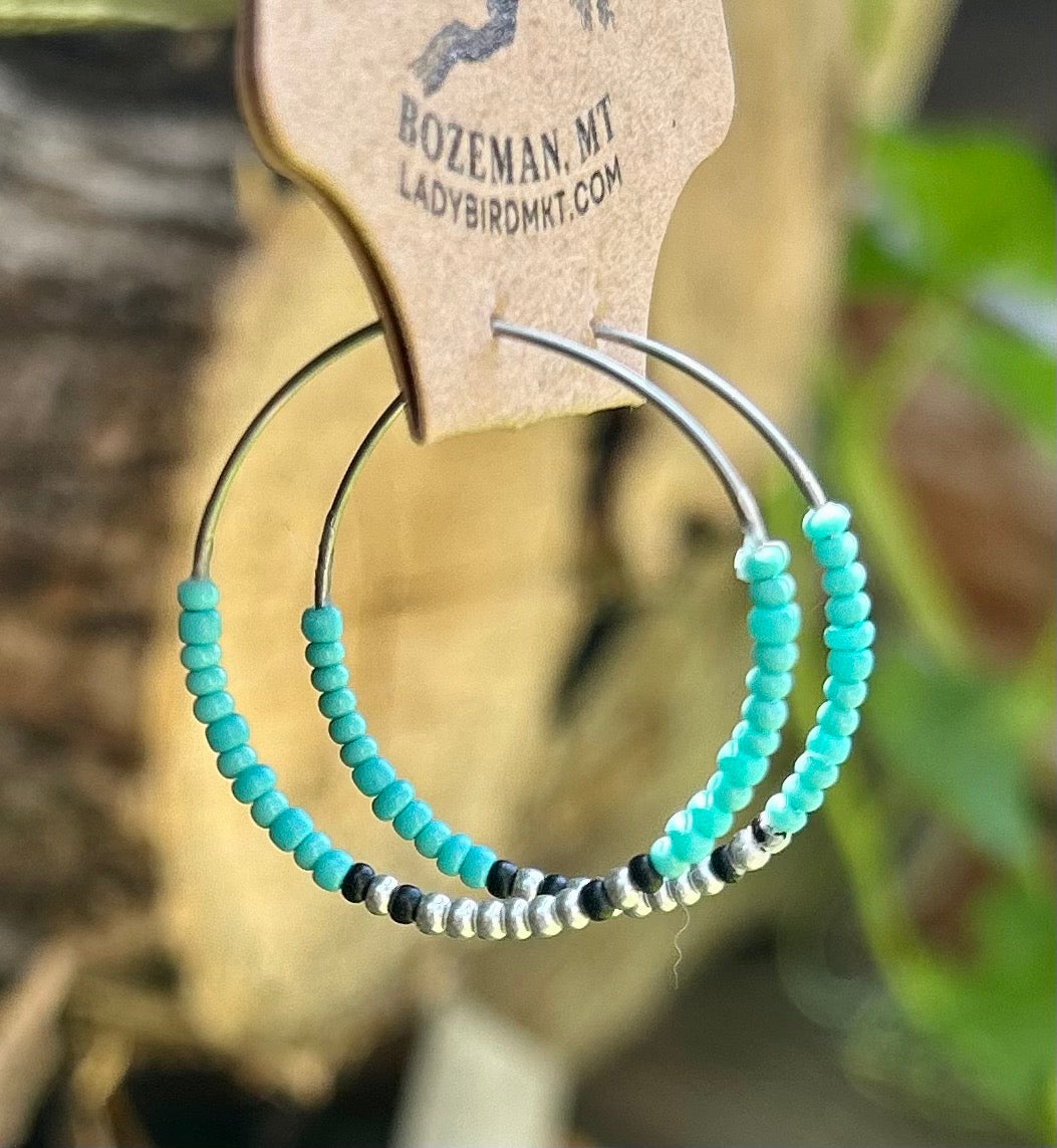 Turquoise, Black & Silver Beaded Hoop Earrings