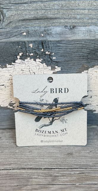 Shiny Steel Grey & Gold or Silver Striped Seed Bead Boho Wrap Bracelet