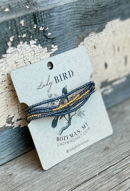 Shiny Steel Grey & Gold or Silver Striped Seed Bead Boho Wrap Bracelet