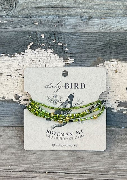 Translucent Emerald Green & Silver Seed Bead Boho Wrap Bracelet