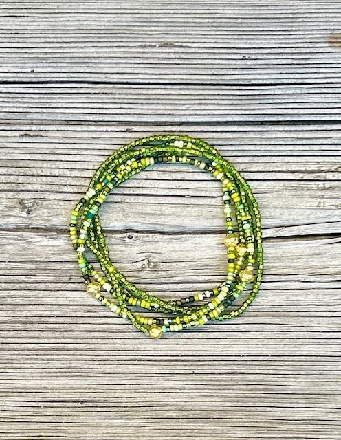 Translucent Emerald Green & Silver Seed Bead Boho Wrap Bracelet