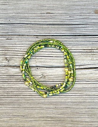 Translucent Emerald Green & Silver Seed Bead Boho Wrap Bracelet