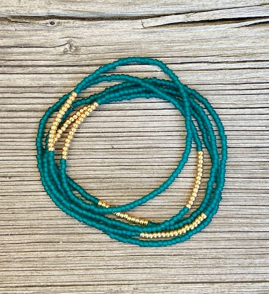 Opaque Teal Green & Gold Lined Seed Bead Boho Wrap Bracelet