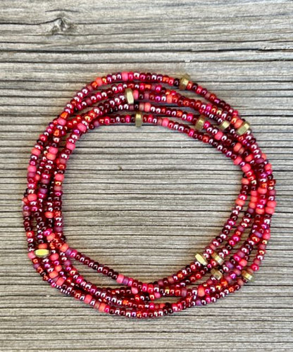 Mixed Reds Stretchy Seed Bead Boho Wrap Bracelet