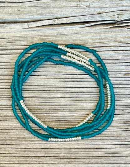 Opaque Teal Green & Gold or Silver Lined Seed Bead Boho Wrap Bracelet