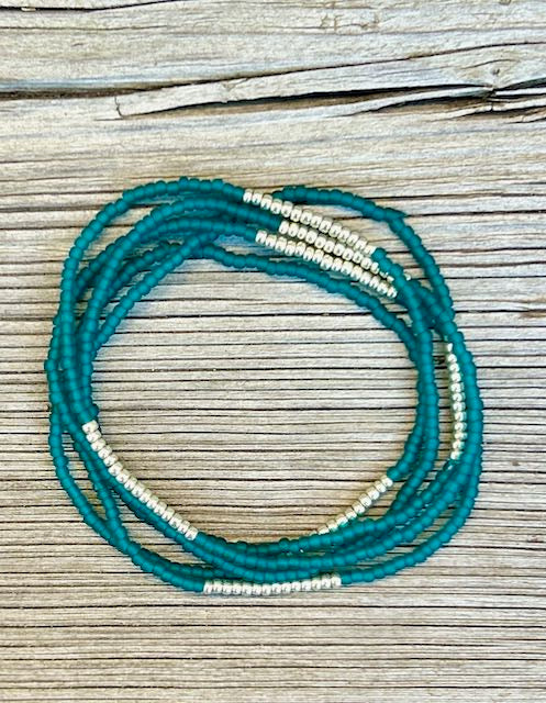 Opaque Teal Green & Silver Lined Seed Bead Boho Wrap Bracelet