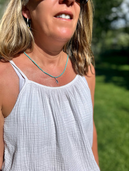 Turquoise Boho Seed Bead Necklace with Silver Leaf