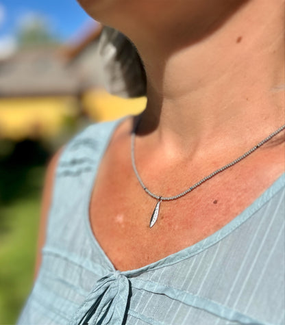 Light Grey Boho Seed Bead Necklace, Feather Pendant