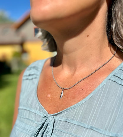 Light Grey Boho Seed Bead Necklace, Feather Pendant